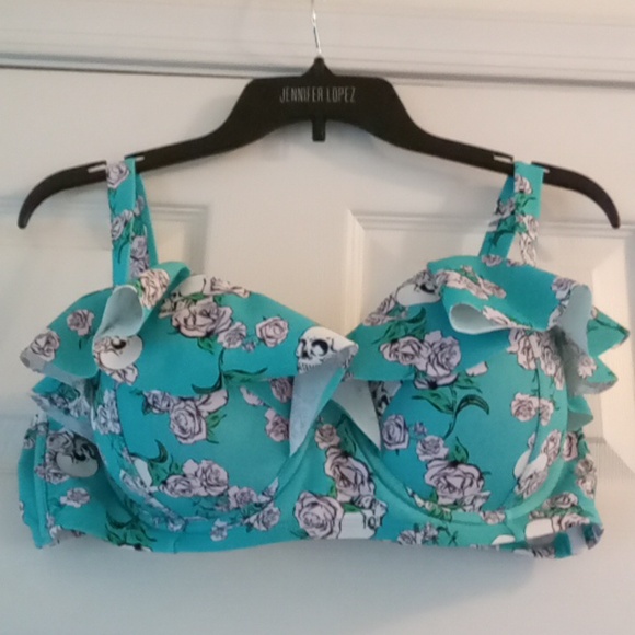 Hot Topic Turquoise Skull and Roses Ruffle Bandeau Swim Top - Picture 10 of 10